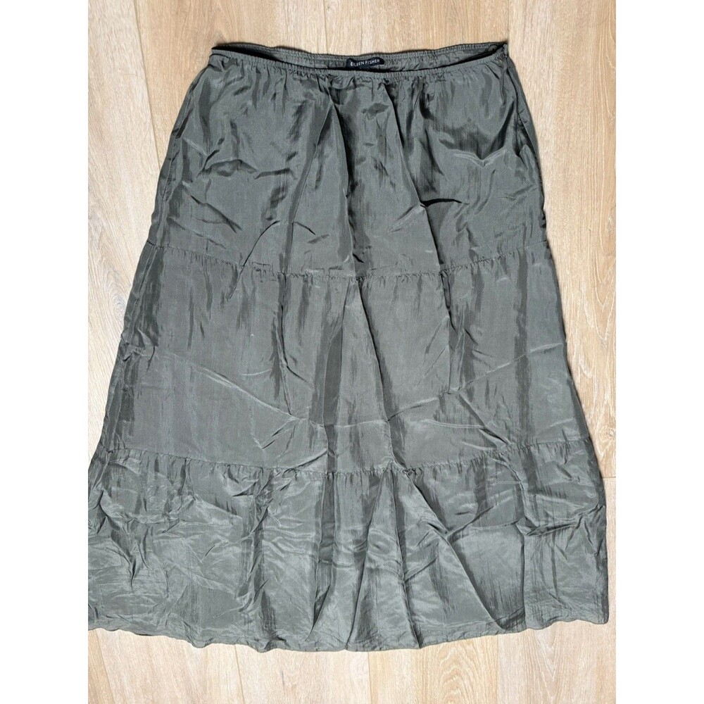 EILEEN FISHER Silk Maxi Skirt XS Steel Grey Tiered Crinkle Silk Lagenlook Long